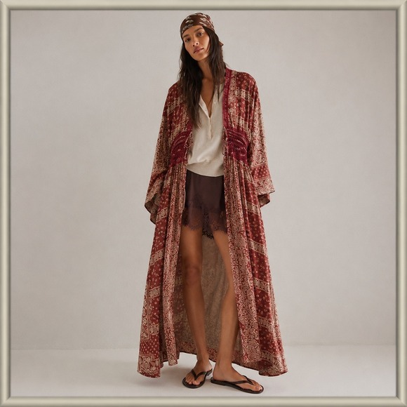 Aakaa Dresses & Skirts - Boho Patchwork Paisley‎ Duster Kaftan Womens L Burgundy Sheer Lace Festival  NWT